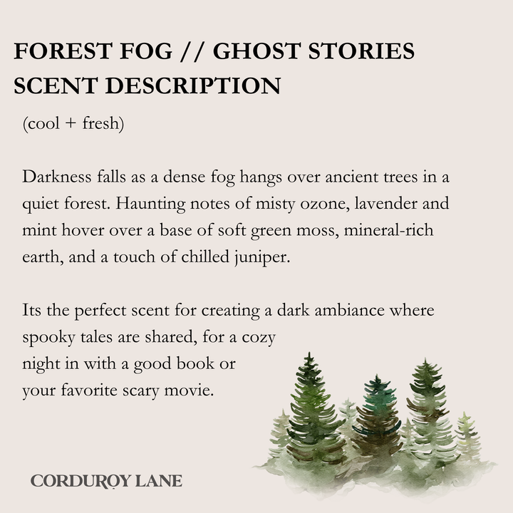 Scent description of 'Forest Fog' from Corduroy Lane with watercolor trees.