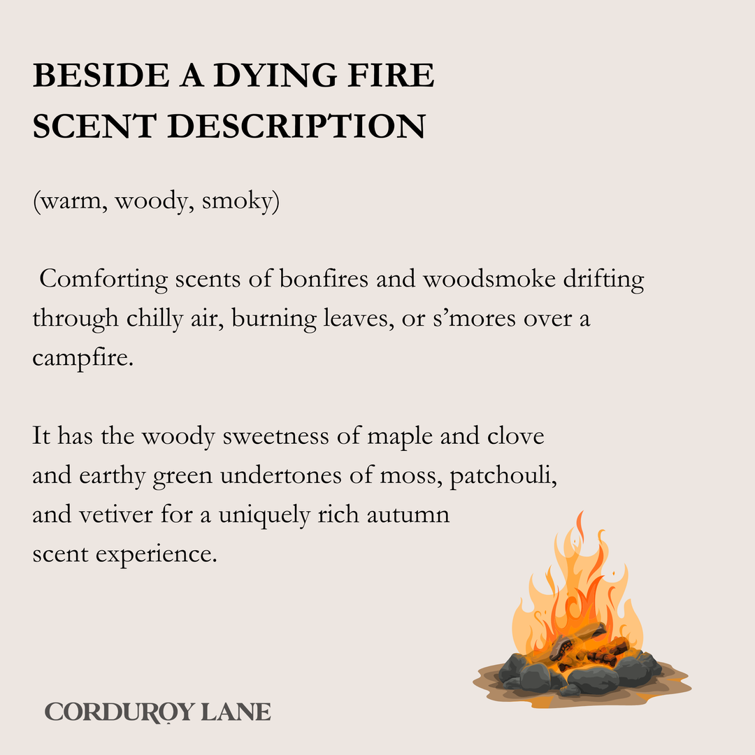 Text describing the scent of a dying fire candle with an illustration of a campfire.