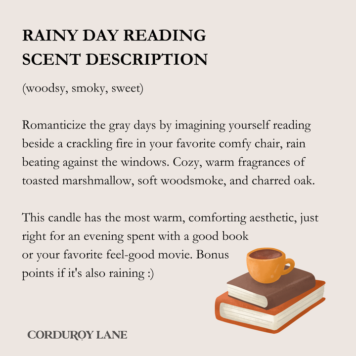 Text description of a 'Rainy Day Reading' candle scent with a book and coffee cup illustration on a beige background.