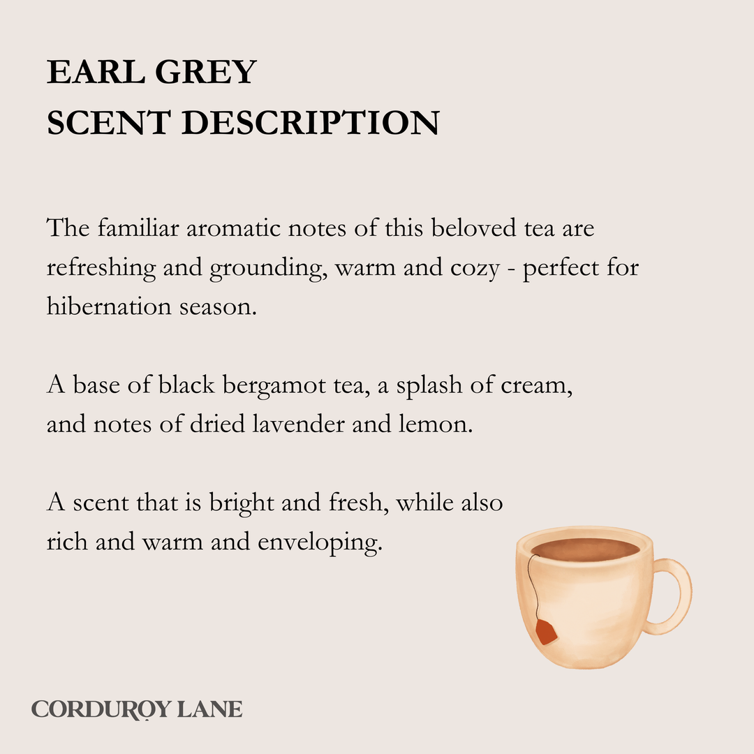 Description of Earl Grey tea scent with a cup illustration on a beige background