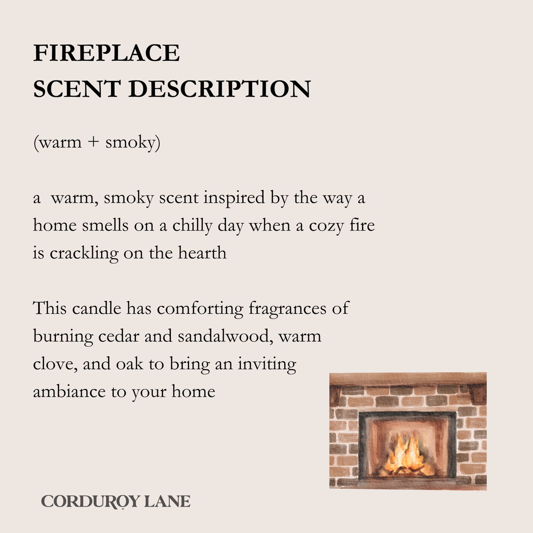 Text describing a warm, smoky scent inspired by a cozy fireplace with an image of a lit fireplace.