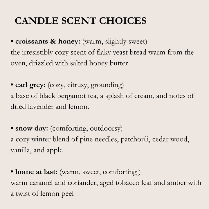 List of candle scents with descriptions on a beige background