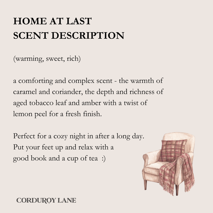 Cozy chair with plaid blanket and text describing a home scent with notes on warmth, sweetness, richness, and a touch of lemon peel.