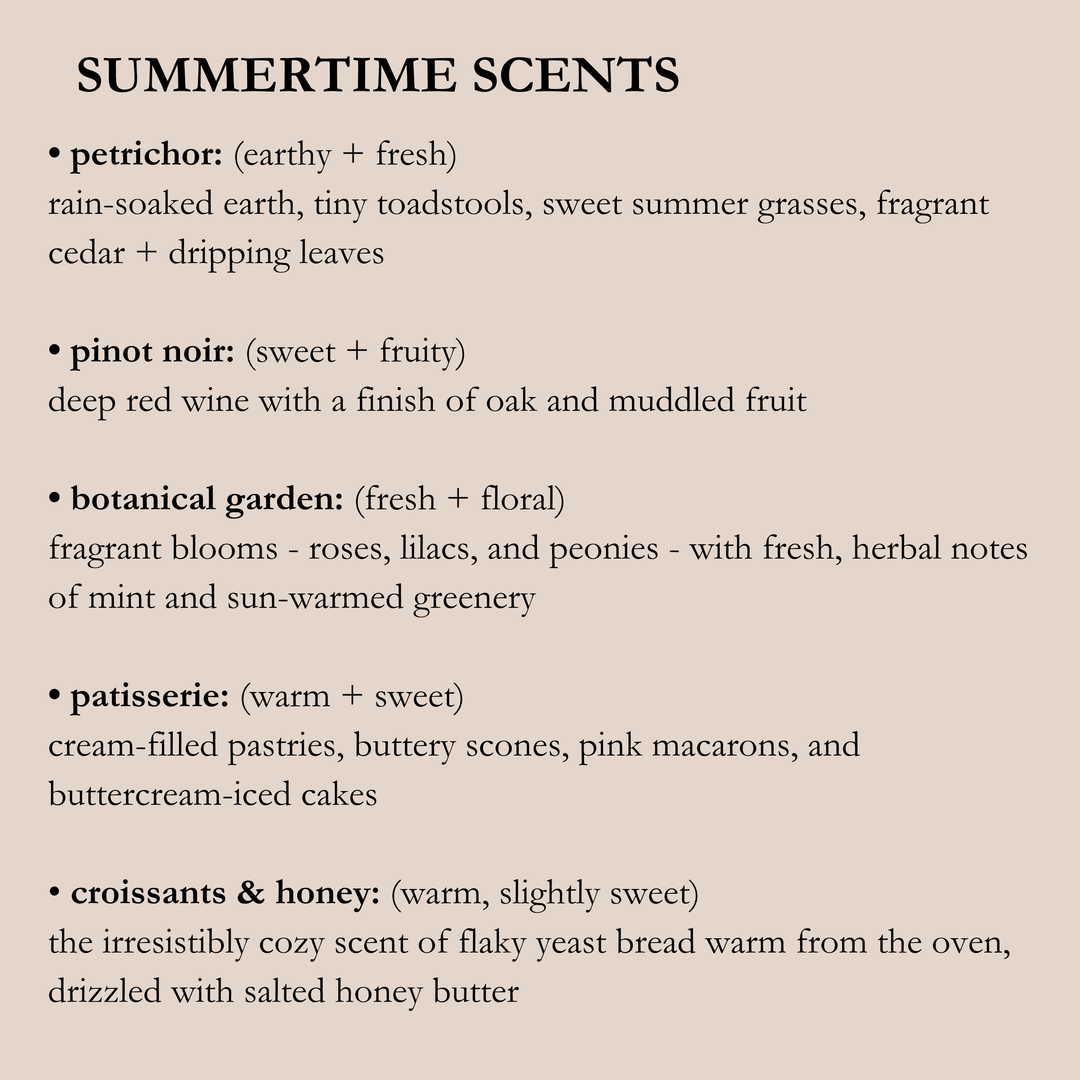 Text list of summertime scents with descriptions on a beige background