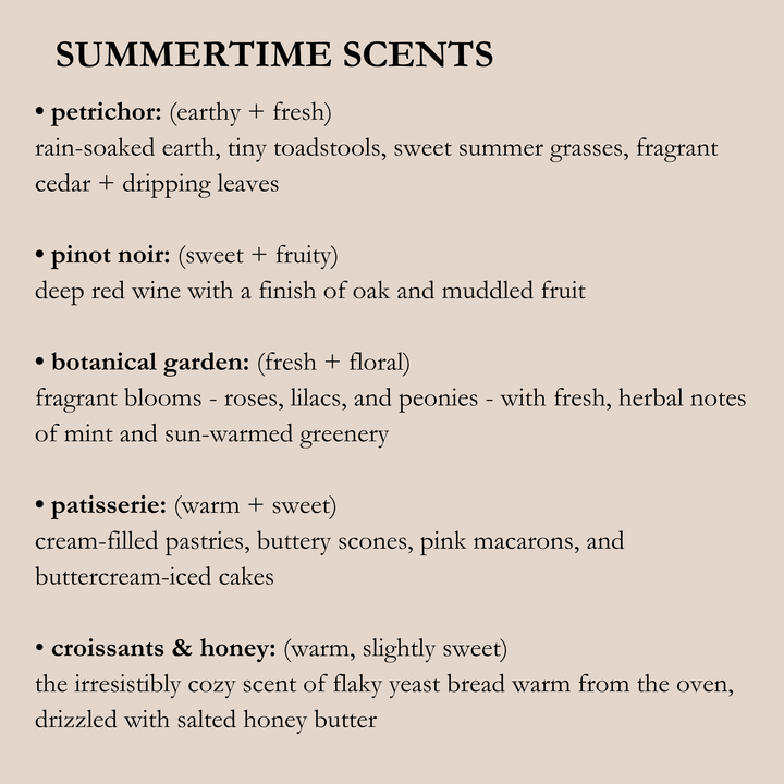 Text list of summertime scents with descriptions on a beige background