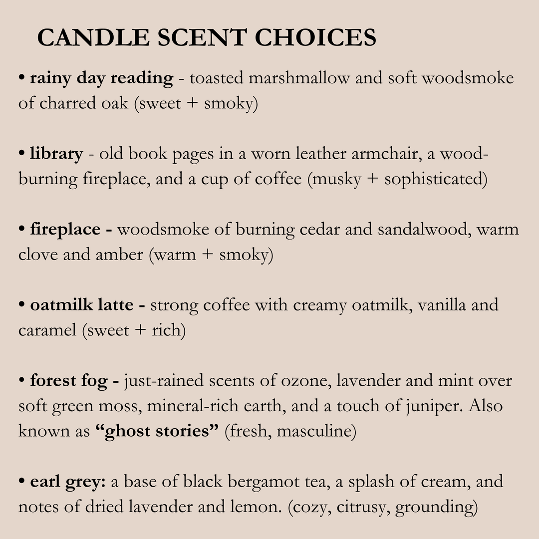 List of candle scents with descriptions on a beige background