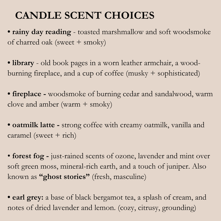 List of candle scents with descriptions on a beige background