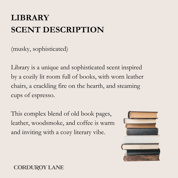 Text description of library scent with a stack of books on a beige background