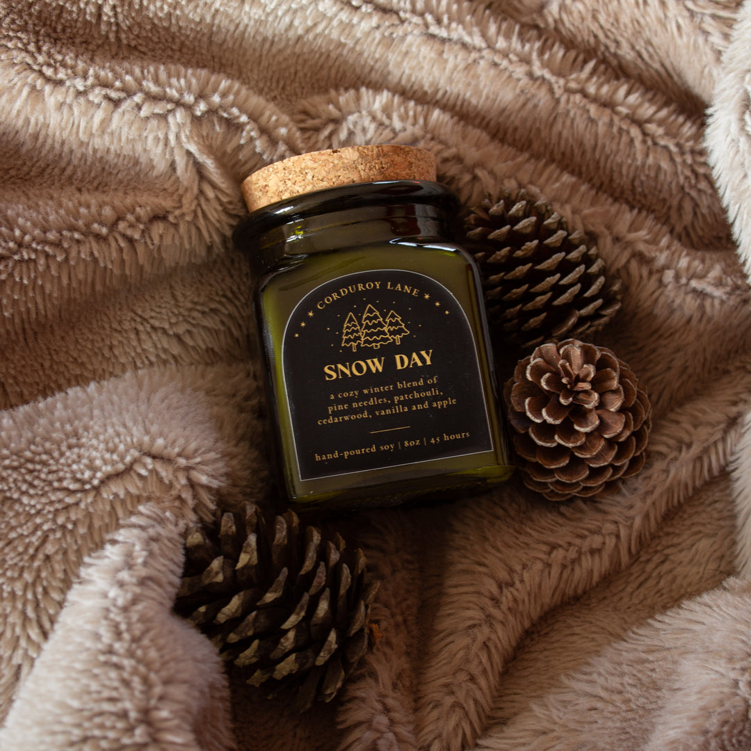 Green glass jar of 'Snow Day' candle with pinecones on a textured fabric background