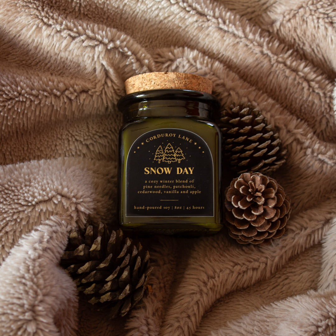 Square, green glass apothecary candle jar labeled 'Snow Day' on a textured brown fabric background with pinecones.