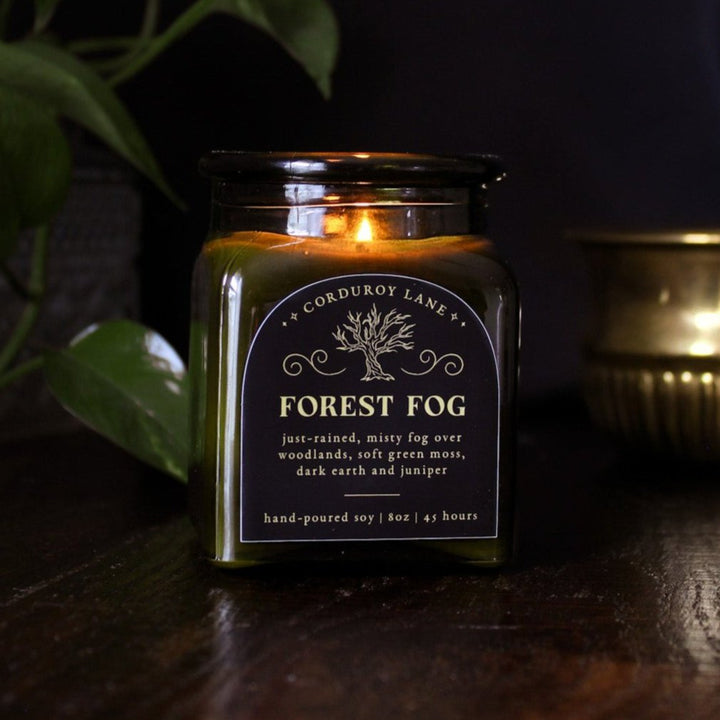 Forest Fog: a cozy spooky candle from Corduroy Lane in a green glass square apothecary jar with a cork lid and a black label, scented in a refreshing, masculine blend of misty ozone and woodlands with lavender, mint, and juniper for lovers of all things cozy and bookish