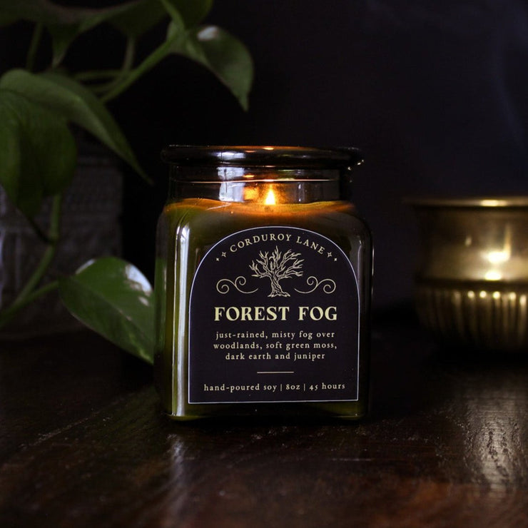 Forest Fog: a cozy spooky candle from Corduroy Lane in a green glass square apothecary jar with a cork lid and a black label, scented in a refreshing, masculine blend of misty ozone and woodlands with lavender, mint, and juniper for lovers of all things cozy and bookish