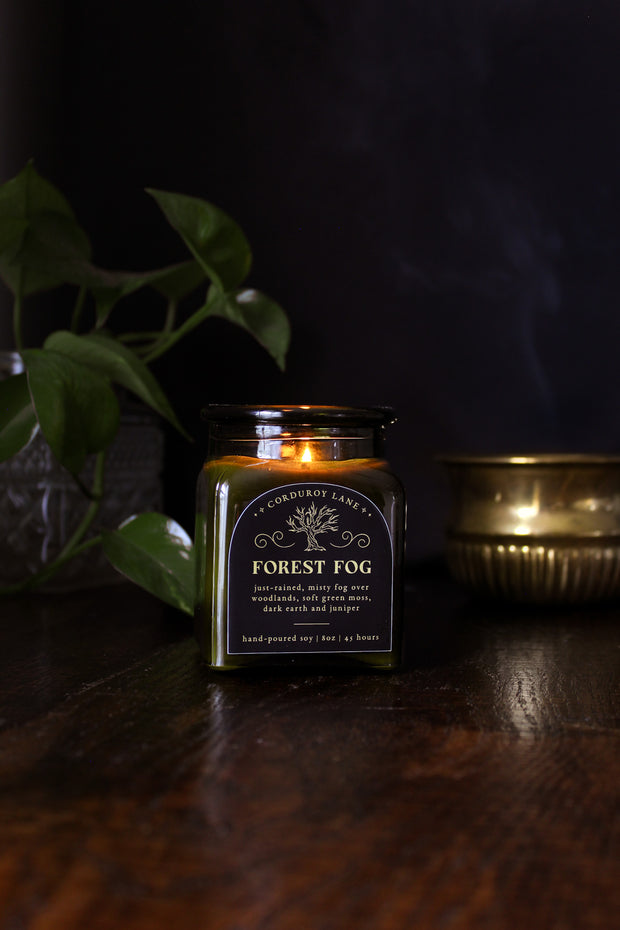 Forest Fog: a cozy spooky candle from Corduroy Lane in a green glass square apothecary jar with a cork lid, scented in a refreshing, masculine blend of misty ozone and woodlands with lavender, mint, and juniper for lovers of all things cozy and bookish