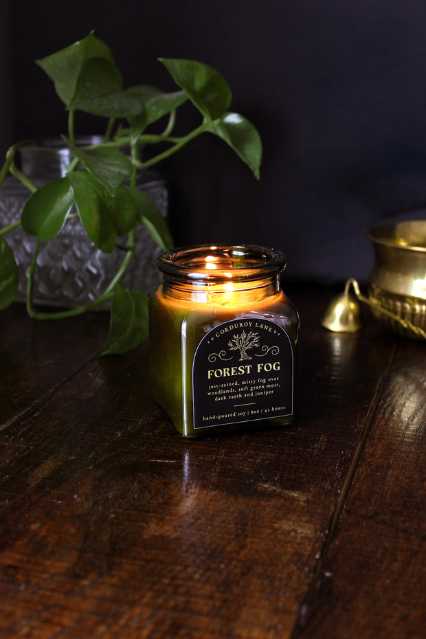 Forest Fog : a cozy spooky candle from Corduroy Lane in a green glass square apothecary jar with a cork lid, scented in a refreshing, masculine blend of misty ozone and woodlands with lavender, mint, and juniper for lovers of all things cozy and bookish