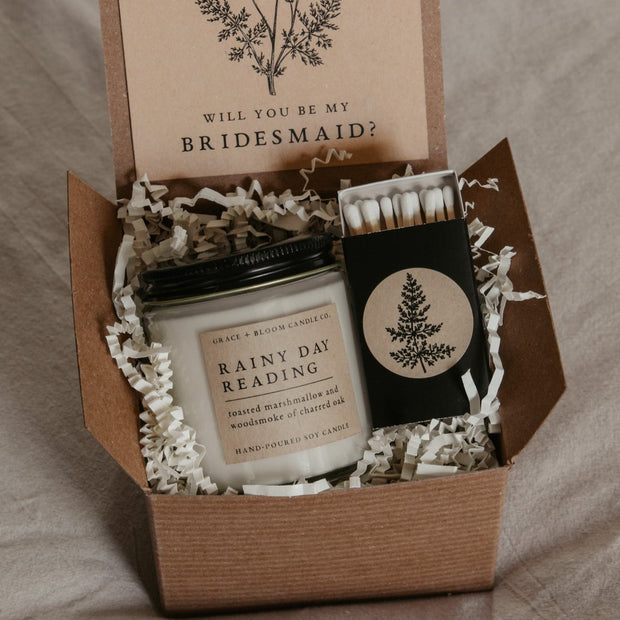 Dark Academia Bridesmaid Proposal Gift Box with Candle + Matchbox - Grace + Bloom Co