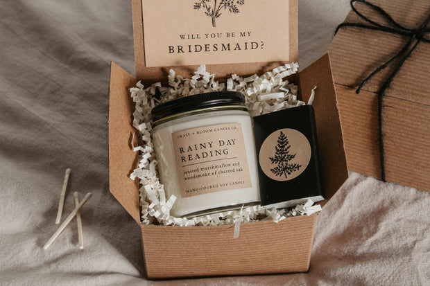 Dark Academia Bridesmaid Proposal Gift Box with Candle + Matchbox - Grace + Bloom Co