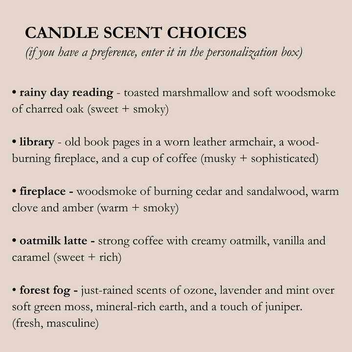 List of candle scents with descriptions on a beige background