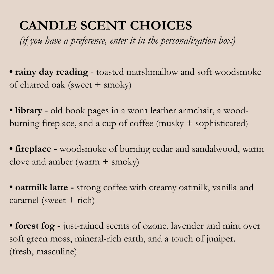List of candle scents with descriptions on a beige background