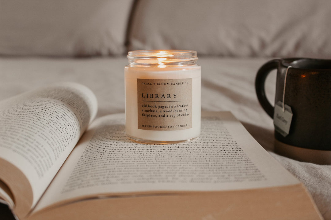 a candle labeled 'Library' with a neutral background
