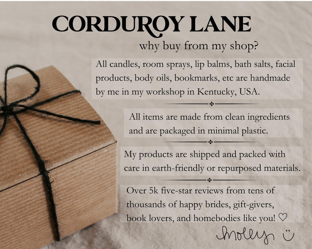 Promotional text for Corduroy Lane with a wrapped gift and brown paper background.