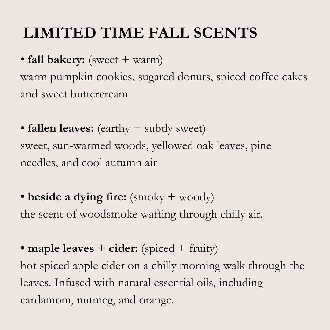 Text describing limited time fall scents with details on each scent.