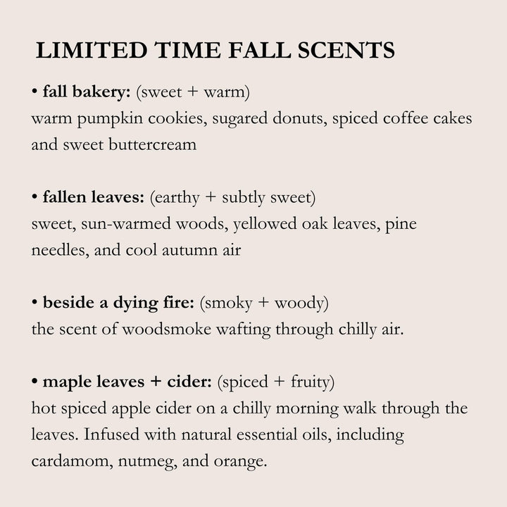Text describing limited time fall scents with details on each scent.