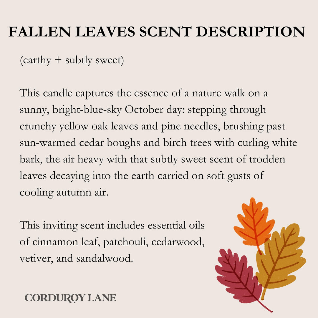 Text description of a candle scent with autumn leaves illustration on a white background