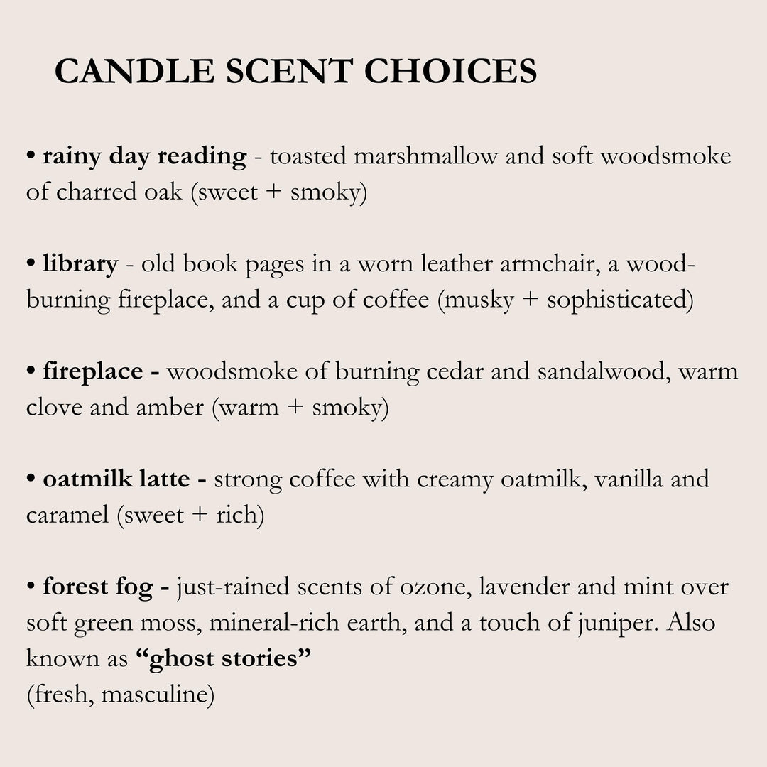List of candle scents with descriptions on a beige background
