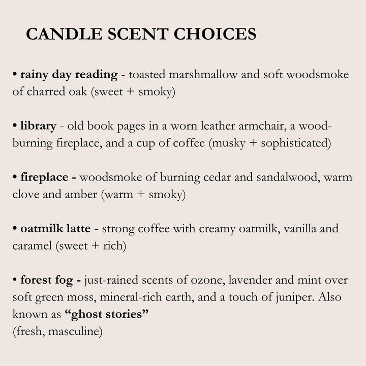 List of candle scents with descriptions on a beige background