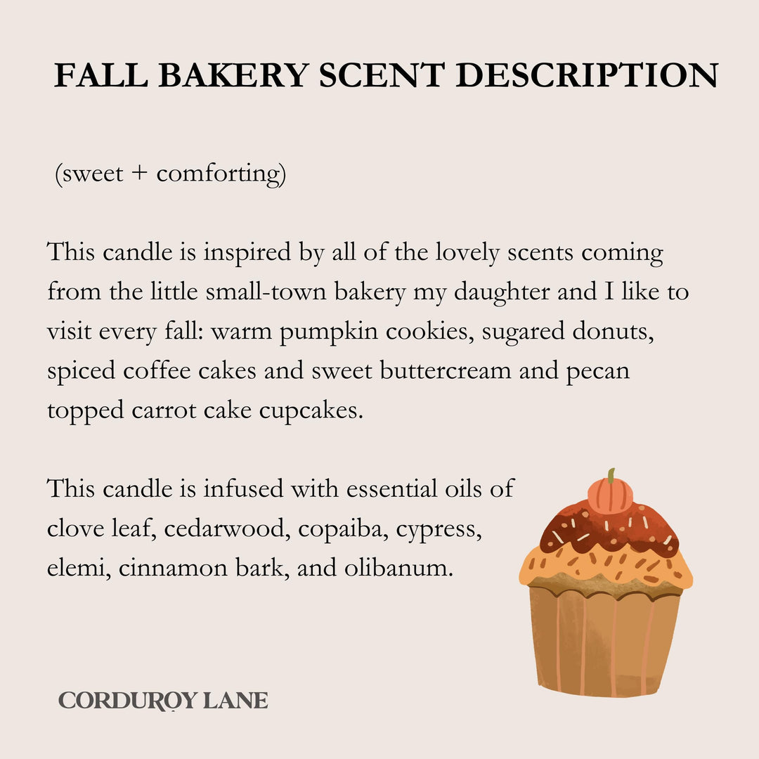 Text description of fall bakery scent with a cupcake illustration on a beige background