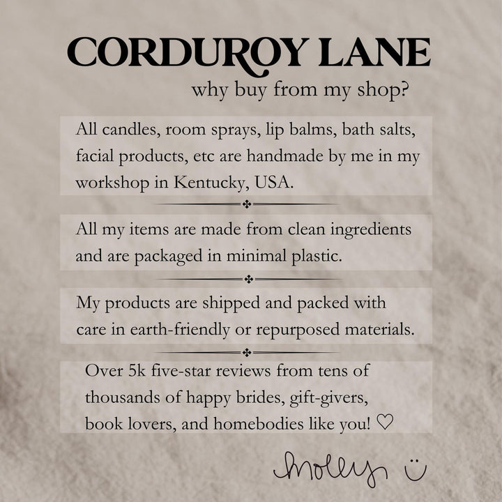 Text about Corduroy Lane products and business practices on a textured beige background.