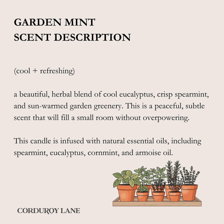 Text describing the scent of garden mint with illustrations of potted plants on a beige background.