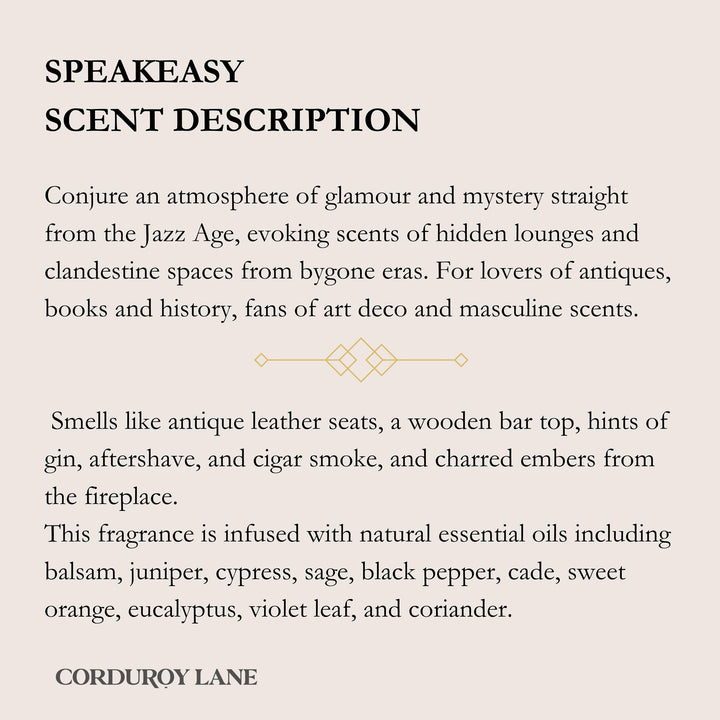 Speakeasy scent description text on a white background