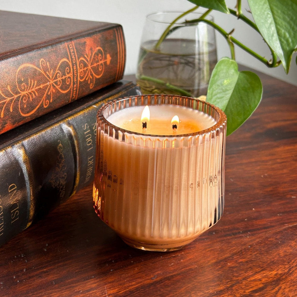 A lit two-wick candle in a ribbed amber glass holder sits on a dark wooden table next to vintage books and a green plant.