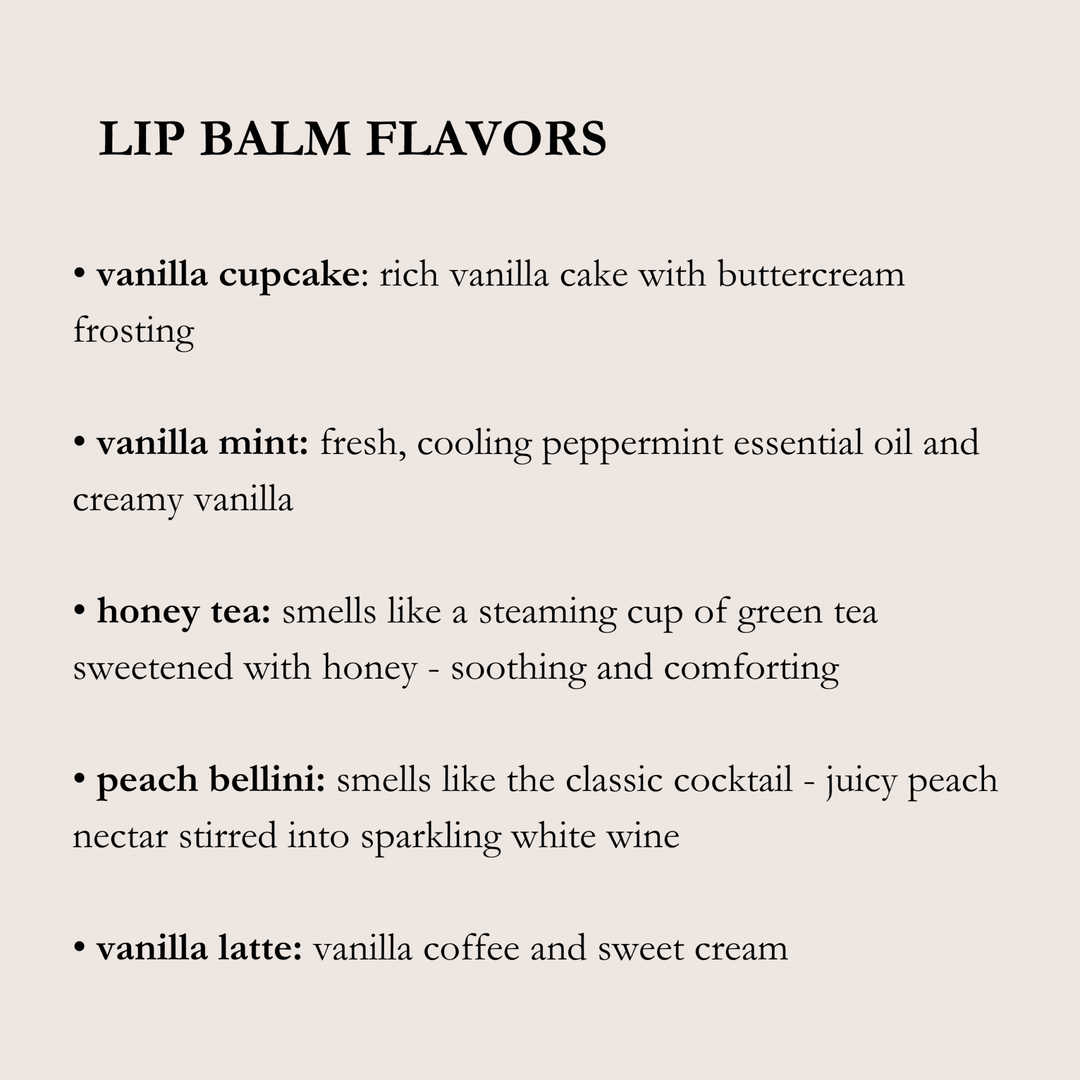 List of lip balm flavors with descriptions on a beige background