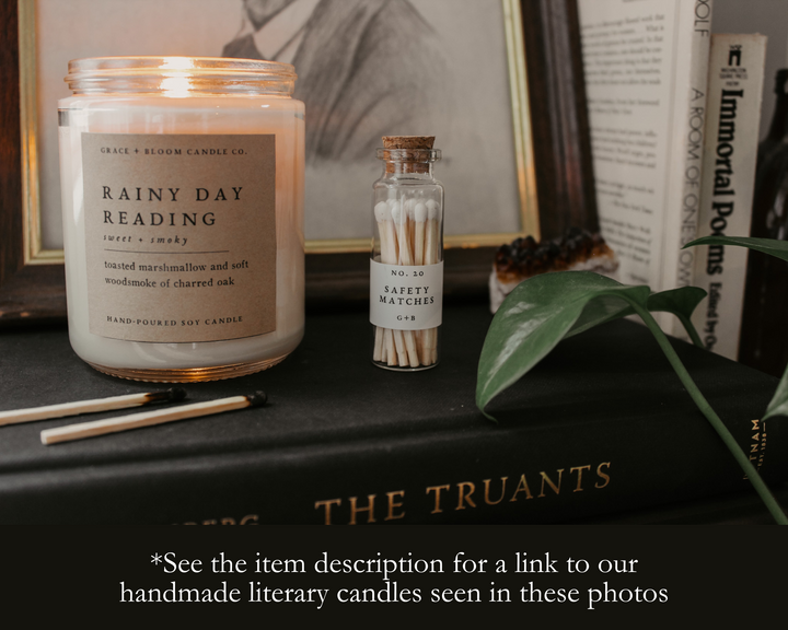 A decorative bottle of matches can be such a cute addition to your decor while keeping them handy for lighting your candles. Corduroy Lane white-tipped safety matches are in a cork-topped apothecary vial with a striker pad on the bottom of the bottle.