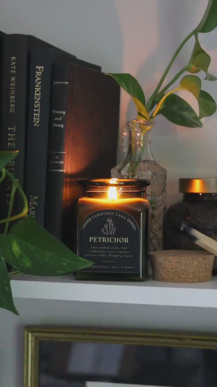 A lit, square green glass candle jar with a black label that reads "PETRICHOR" and "CORDUROY LANE". The candle is next to a stack of books and a glass vase with a plant. The candle is hand-poured soy, 8 oz, and burns for 45 hours.