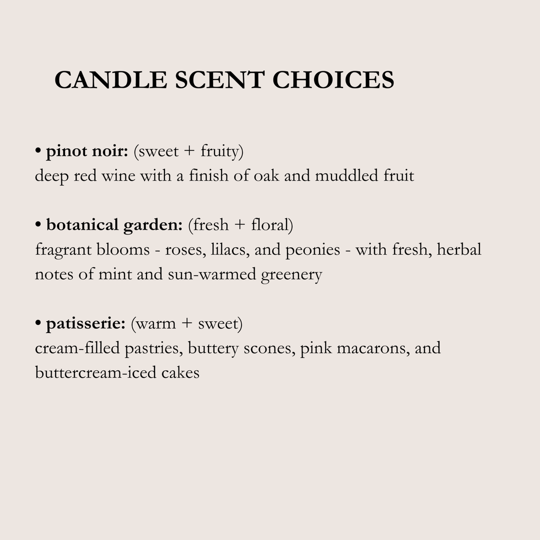 Text listing candle scent choices with descriptions on a beige background