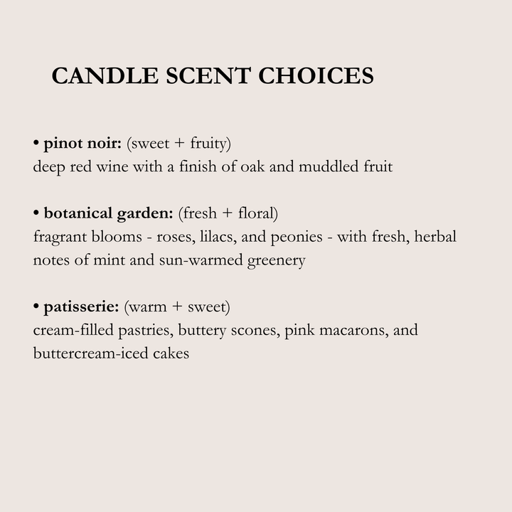 Text listing candle scent choices with descriptions on a beige background