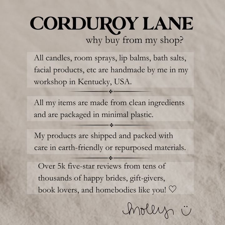 Text about Corduroy Lane products and business practices on a beige background