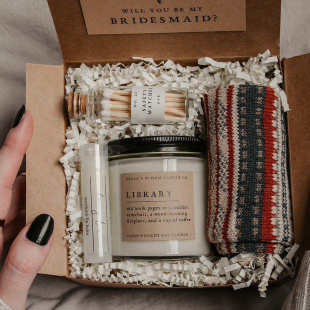 Dark Academia Bridesmaid Proposal Gift Box Literary Candle + Cozy Socks + Lip Balm + Matches, Bookmark Will You Be My, Bookish Aesthetic